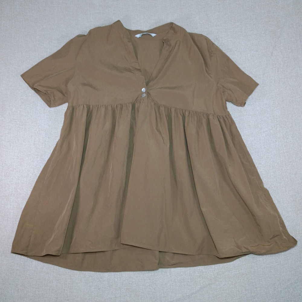 Zara Blouse Women's Large Brown Peplum Babydoll V-Neck Short Sleeve Flowy Tunic